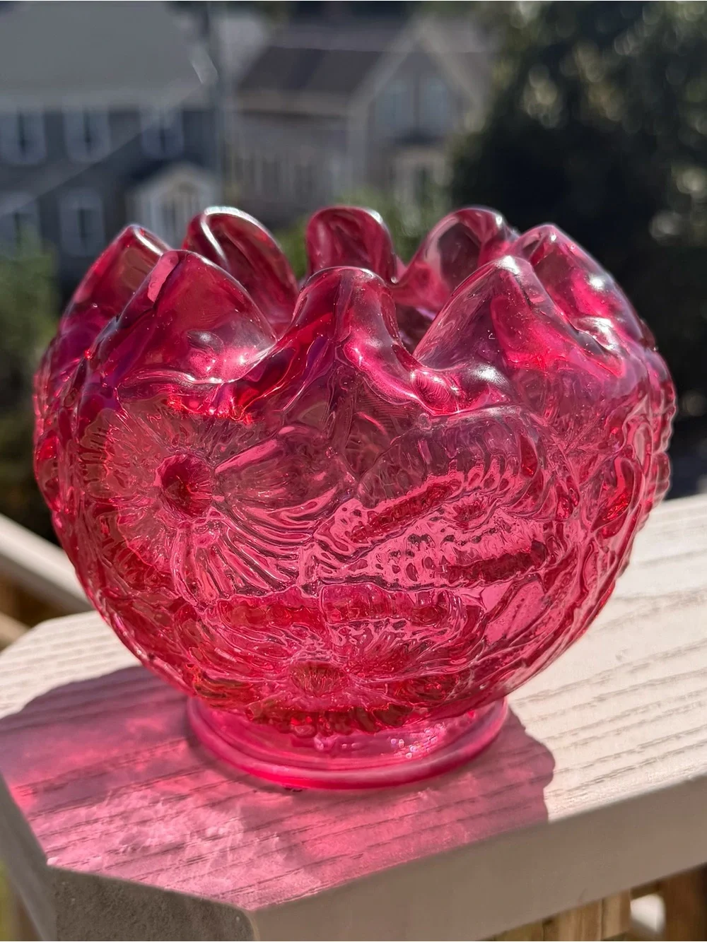 Fenton 1970s Cranberry Rose Poppy Embossed Flowers Crimped Top Rose Bowl Vase